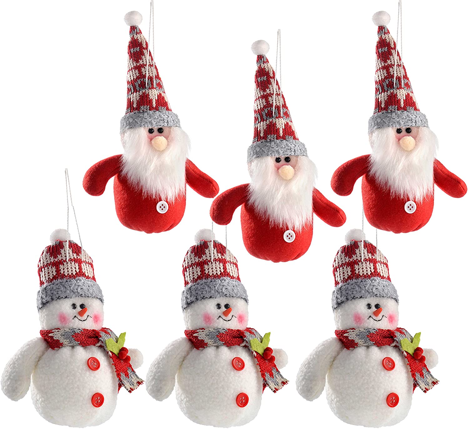WeRChristmas 15 cm Hanging Santa and Snowman Christmas Decoration, Red/White (6 Pieces)
