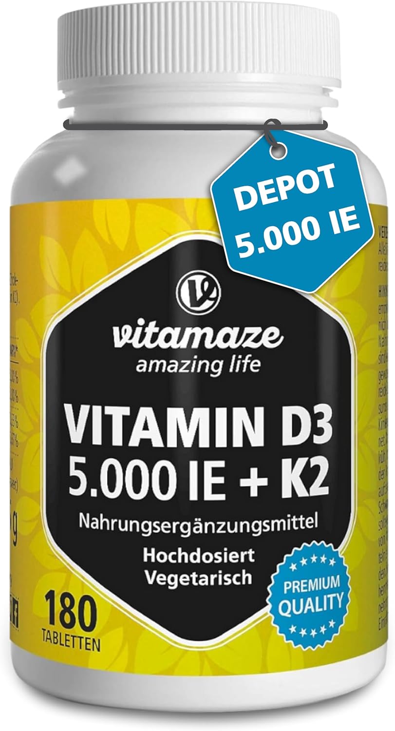 Vitamin D3 K2 5000 IU with Vitamin K2 MK7 All Trans Form, 1+ Year Supply, 180 Tablets Vitamin D without Unnecessary Additives, Made in Germany
