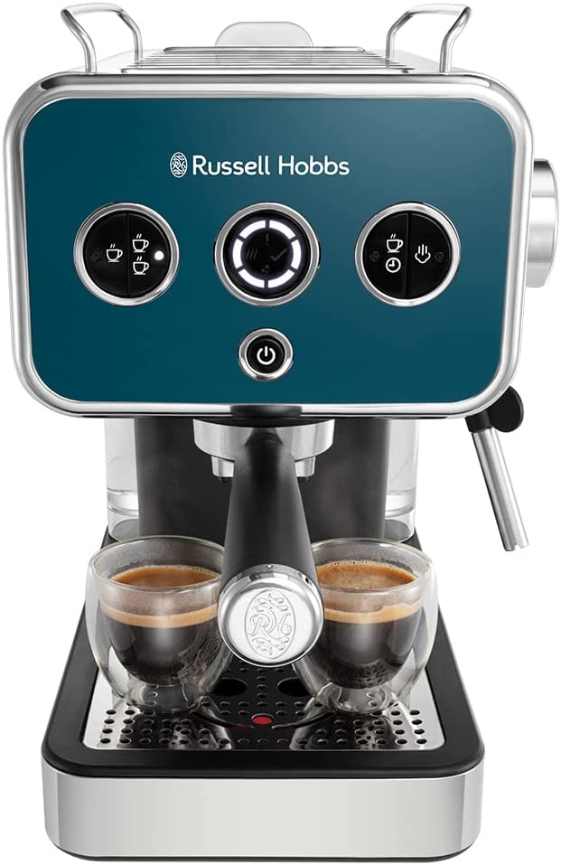 Russell Hobbs Espresso Machine [Portafilter Machine] Distinction Stainless Steel Ocean Blue (15 Bar, Insert 1 & 2 Cups, ESE Pads, Automatic Dosing & Man. Option, Steam Nozzle for Hot Water & Milk Foam) 26456