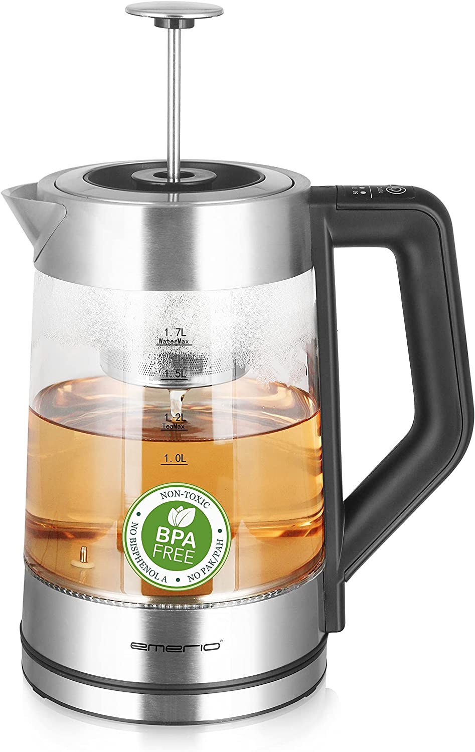 Emerio WK-122730 Glass Tea Maker with Temperature Selection [50 / 70 / 80 / 90 / 100 °C], Kettle, Manual Tea Strainer Made of Stainless Steel, Removable, Borosilicate Glass, BPA Free, 1.7 L Volume, 222000 Watt, Silver