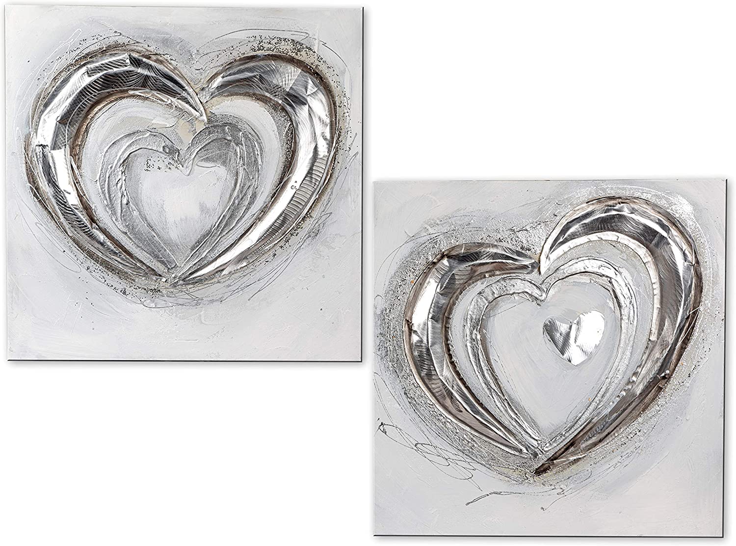 Formano Set of 2 Canvas Pictures Hearts 50 x 50 cm Grey White Silver F20