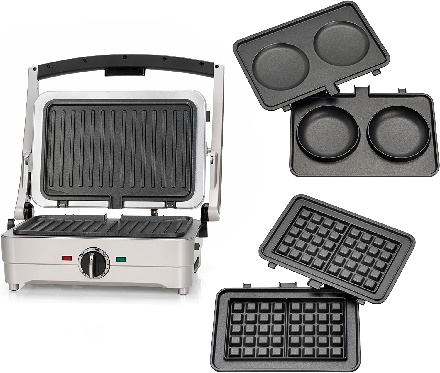 Cuisinart Grill, Waffle & Omelette Maker, Contact Grill, Waffle Iron, Table Grill with Interchangeable Plates, Non-Stick Coating, Compact, Silver, GRSM3E Frosted Pearl