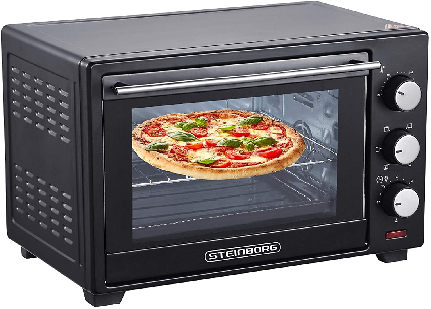 Steinborg Mini oven 25 litres pizza oven 3 in 1 mini oven with air circulation temperature control 100-250 °C removable crumb tray 60 min timer 1600 watts, 25 l