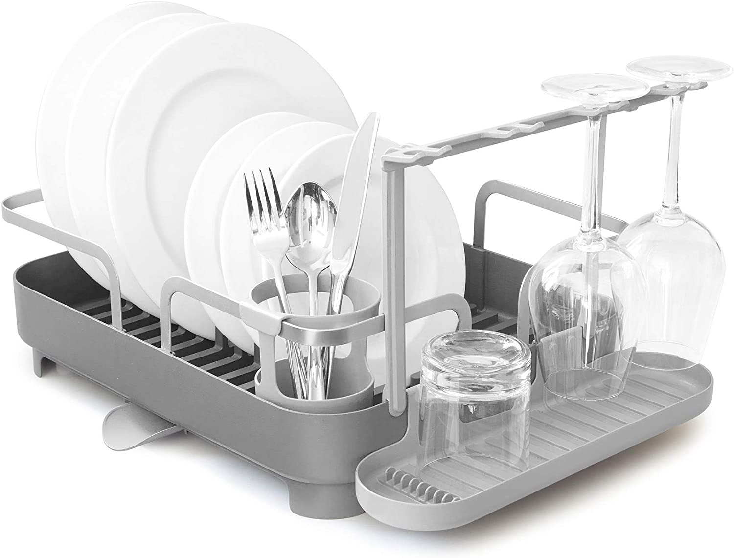Umbra Holster Dish Drainer with Integrated Drip Water Drainage, Moveable Glass Holder and Multi-Purpose Storage Compartment - Space-saving Draining Grid, Leaves No Dripping Water on Worktop, Grey