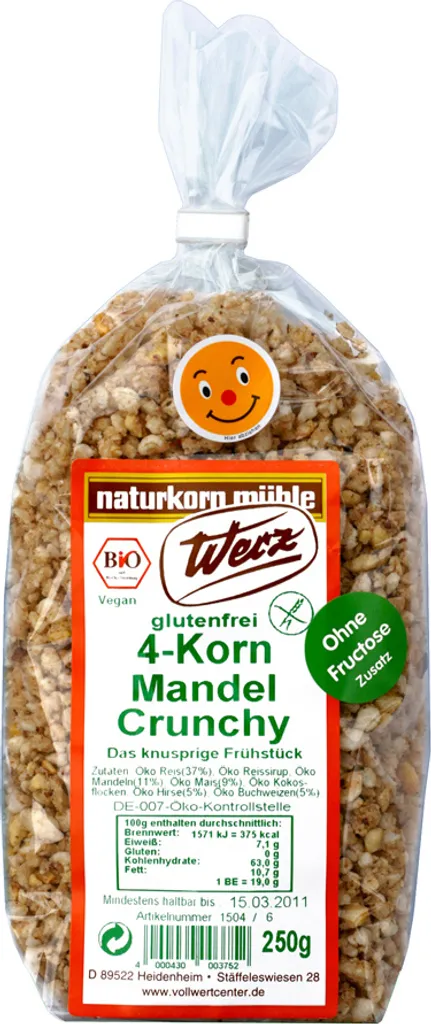 Werz 4-Korn Mandel Crunchy Vollkorn Knuspermüsli glutenfrei -- 250g