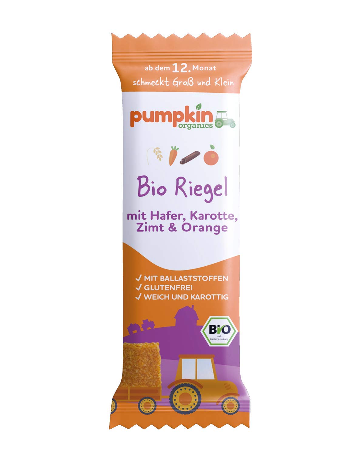Pumpkin Organics Bio Riegel mit Hafer, Karotte, Zimt & Orange, für Kinder und Babys ab dem 12. Monat, 28er Pack (28x20g)