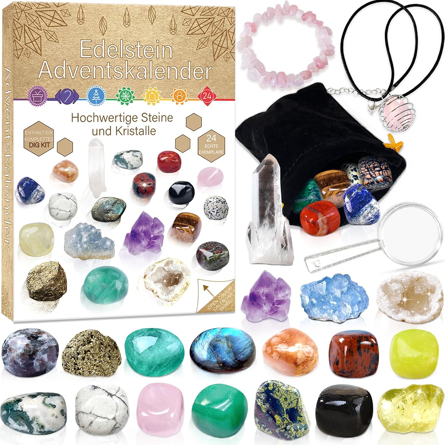 Advent Calendar 2024 Children for Crystals, Gemstone Advent Calendar with 24 Natural Rocks and Minerals, Christmas Countdown Surprises for Boys and Girls German Edition