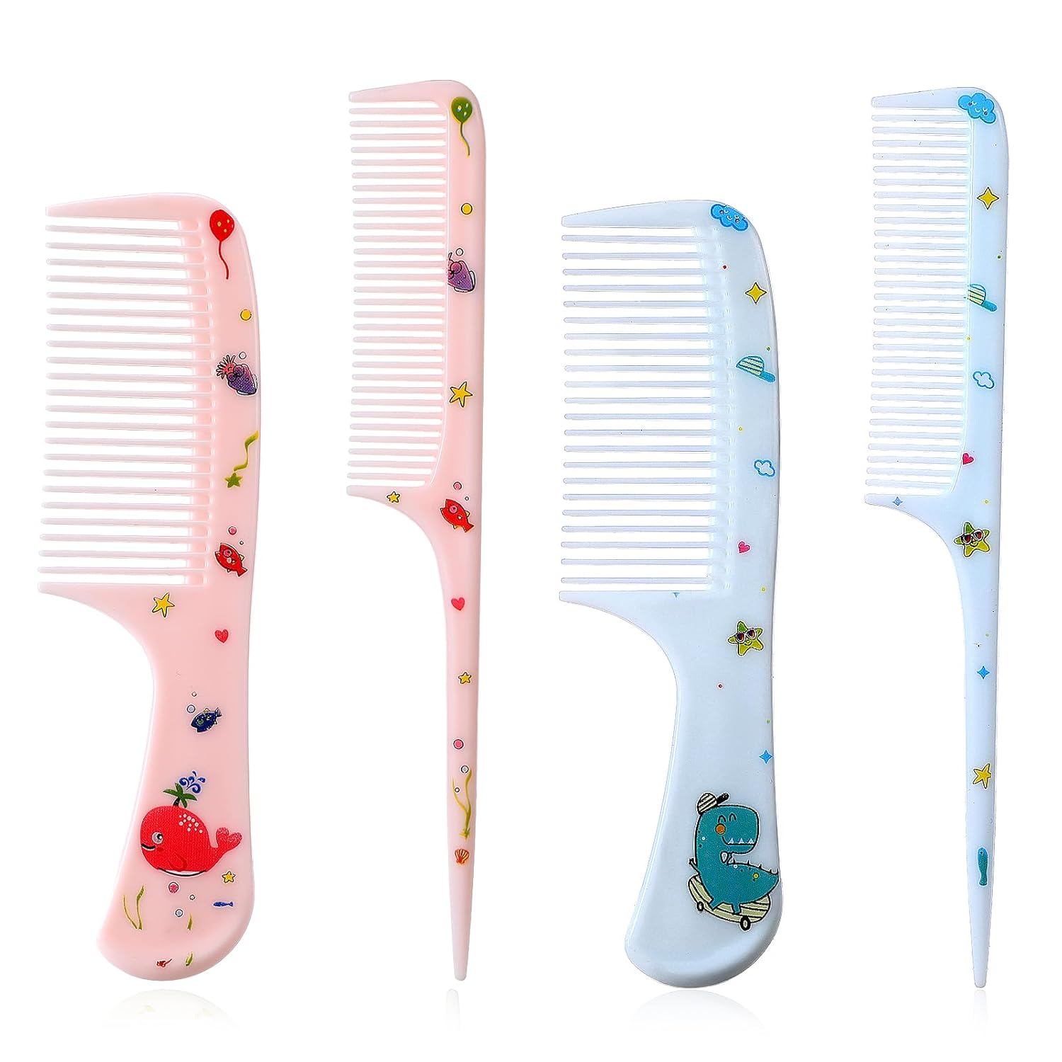 Pack of 4 Girls' Hair Brushes, Cute Hair Comb Set, Hair Brush for Toddlers, Plastic Fine Teething Rat Tail Combs, Hair Comb for Detangling for Women and Girls (Blue, Pink)