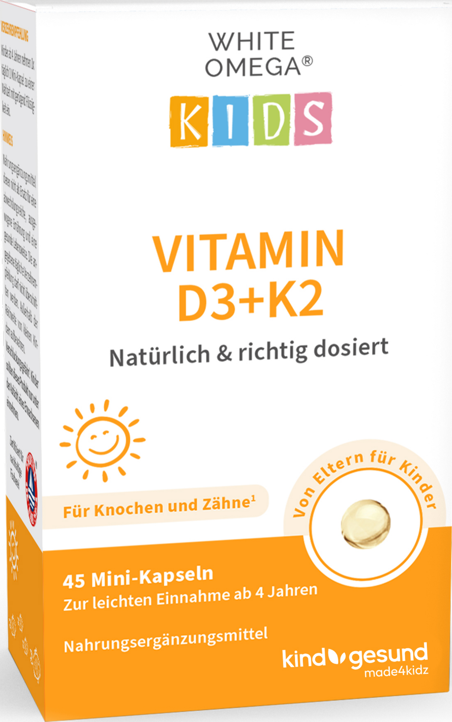 WHITE OMEGA Kids Vitamin D3+K2 mini capsules