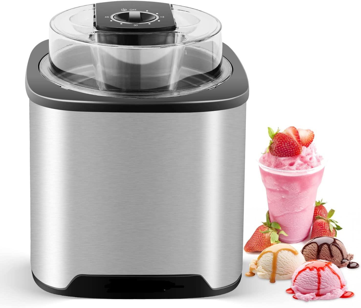 Ice Cream Maker 2l Stainless Steel Food Ice Cream Maker 22 x 22 x 24 cm one button Operation for Ice Cream, Frozen Yoghurt and Sorbet, Removable, Easy to Clean
