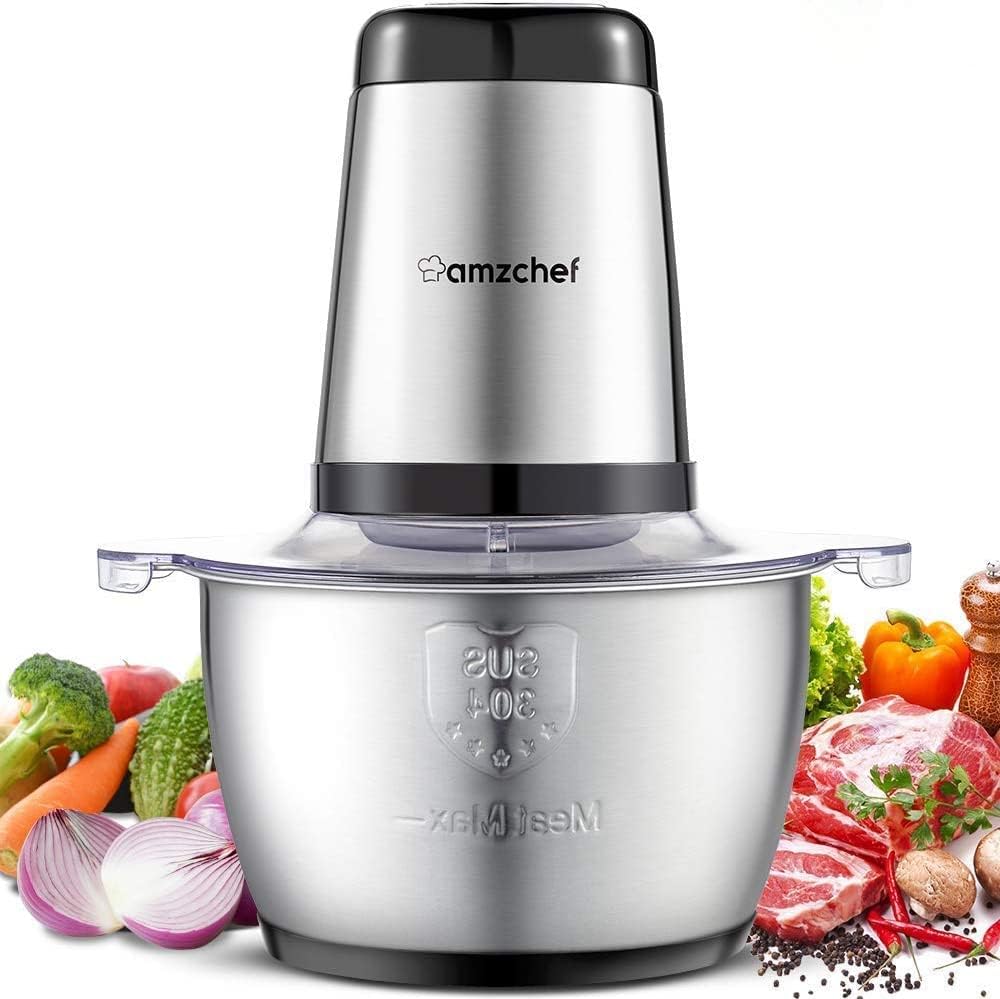 AMZCHEF Electric Chopper Multi Chopper with Strong Motor, 2 L Stainless Steel Bowl, 2 Speed Levels, Brake Function, 300 W Max Stainless Steel Chopper for Meat, Baby Food, Fruit, Vegetables
