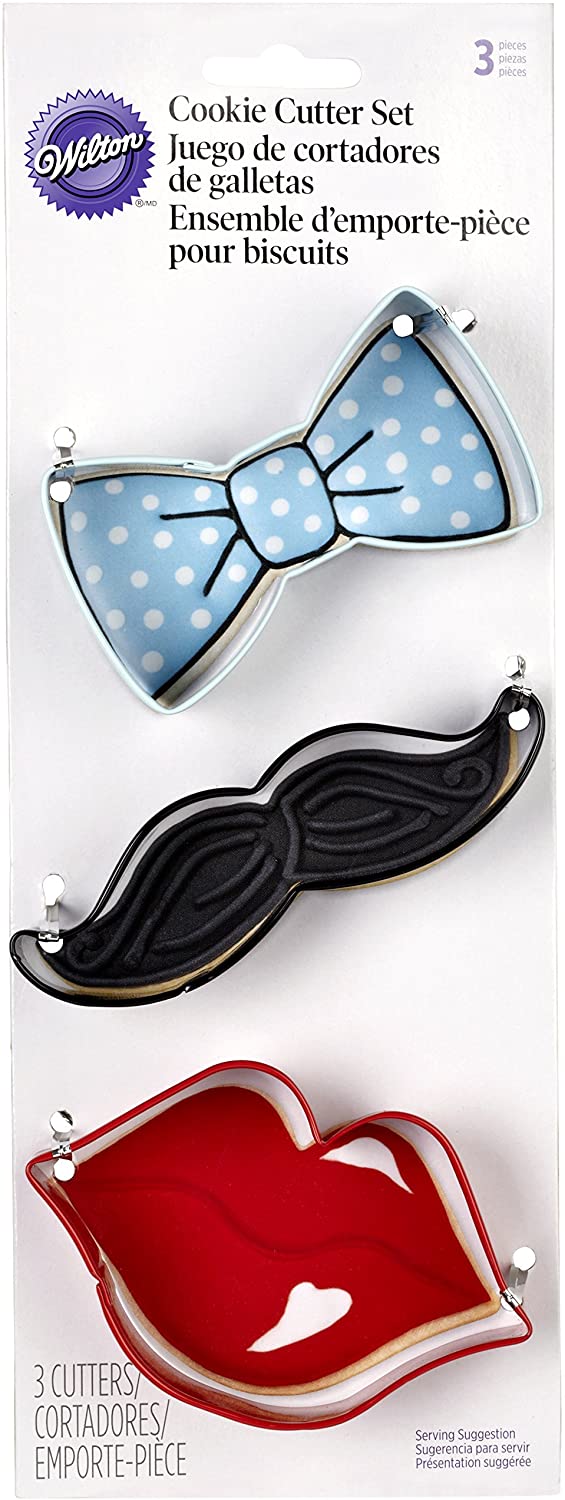 Wilton 3 Piece Coloured Metal Cookie Cutter Set, Bow Tie and Moustache/Lips