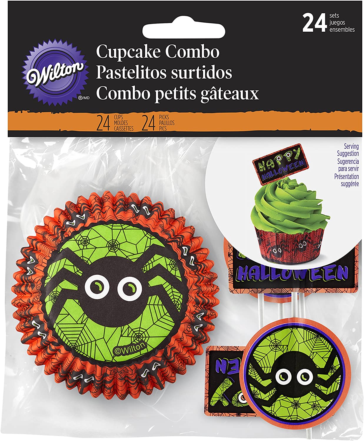 Wilton Cupcake Combo Jack \'N Ghouls Spider Pack Of 24 + 24 Decorative Picks Halloween Muffin