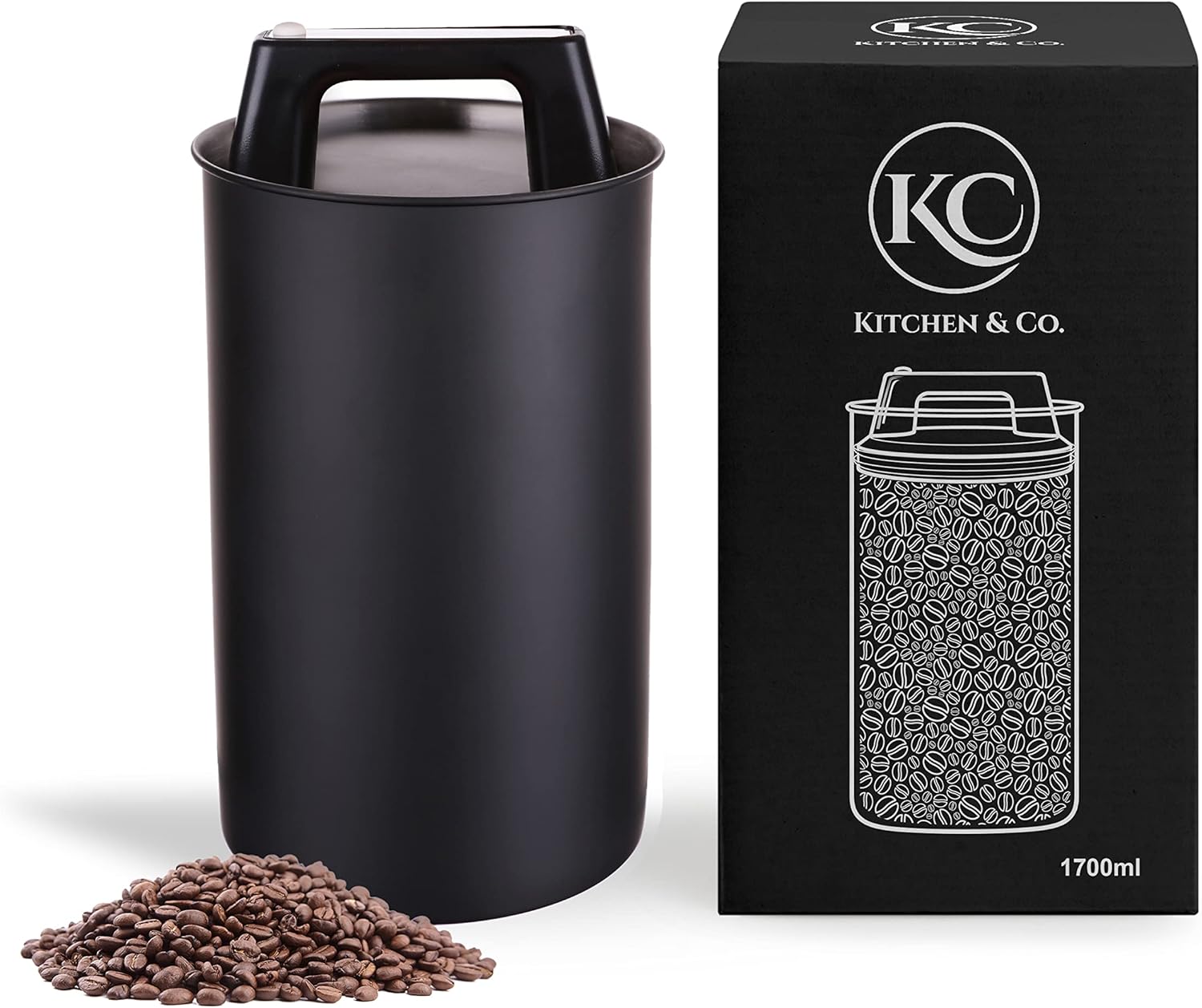 Airtight Coffee Canister for 500 g Coffee Beans with Vacuum Lid (Container for Coffee, Tea, Stainless Steel Container for Storage with Aroma Closure, Storage Jar for 500 g Coffee) Matte Black (1700