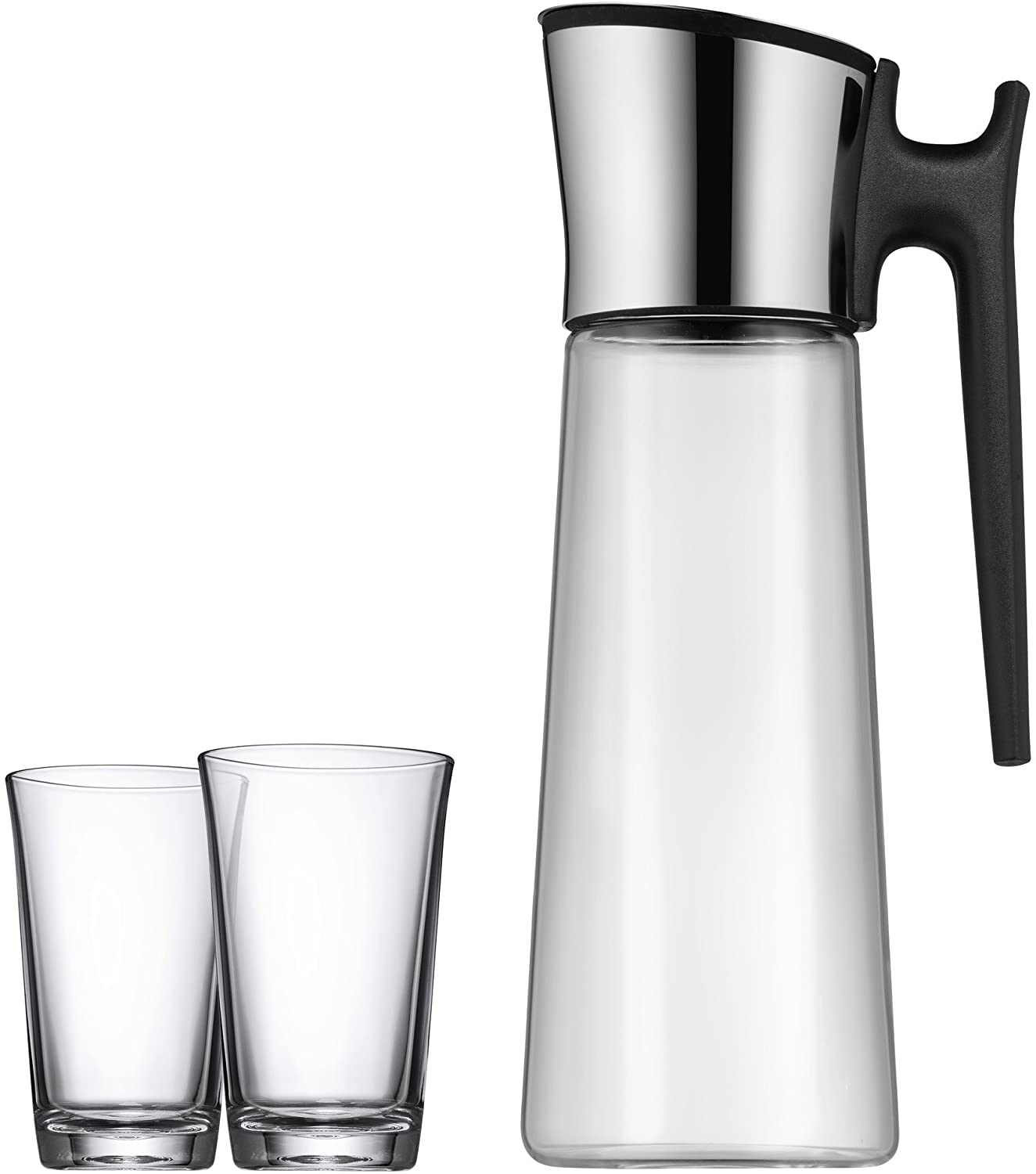 WMF 0618049991 Water Carafe Glass 1.5 Litres Height 31 cm Closeup – Stainless Steel and 2 Glasses