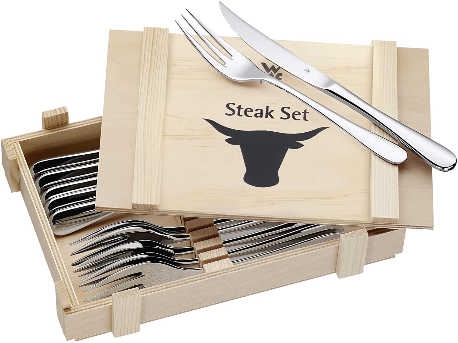WMF steak cutlery 12 pieces, steak cutlery set for 6 people, steak knife, steak fork, polished Cromargan stainless steel, grill cutlery in wooden box