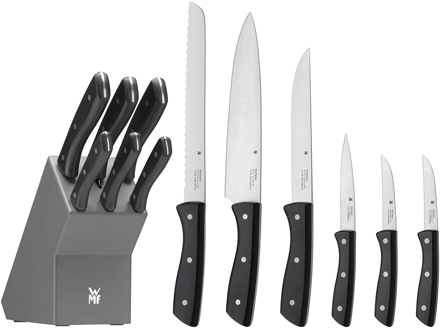 WMF 7-Piece Knife Block with Knife Set, 6 Forged Knives, 1 Block Painted Wood, Special Blade Steel, Stainless Steel Rivets
