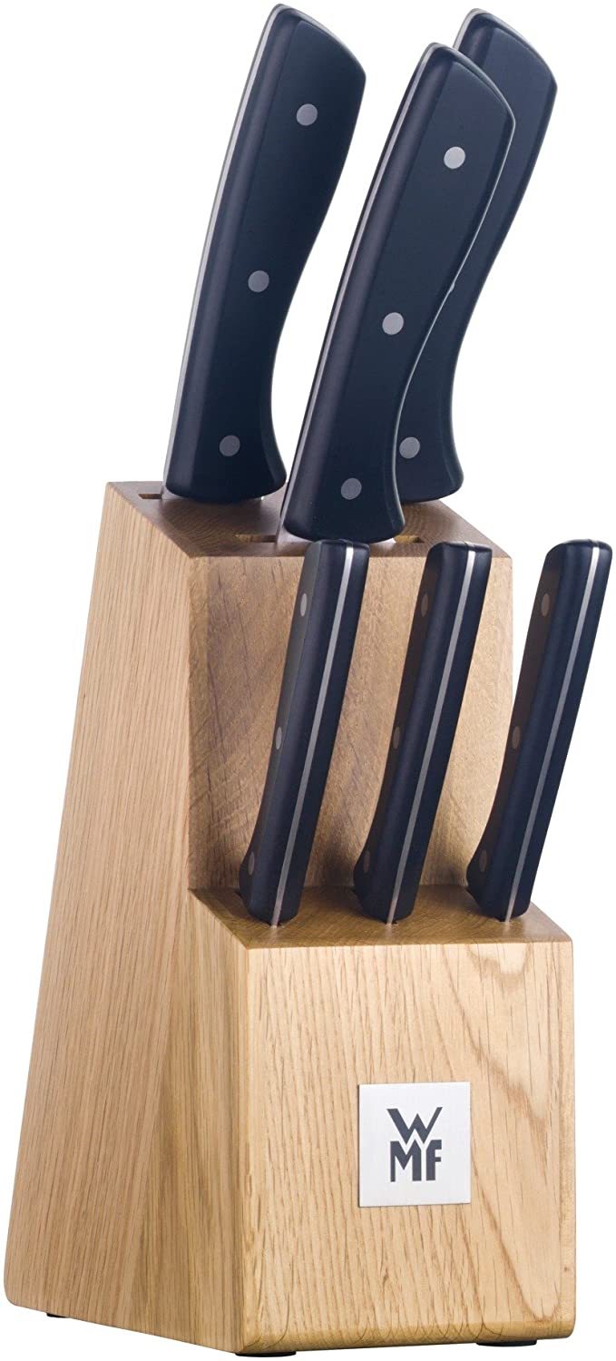 WMF Knife Block with Knife Set, 7 Pieces, 6 Forged Knives, 1 Block of Beechwood, Special Blade Steel, Stainless Steel Rivets