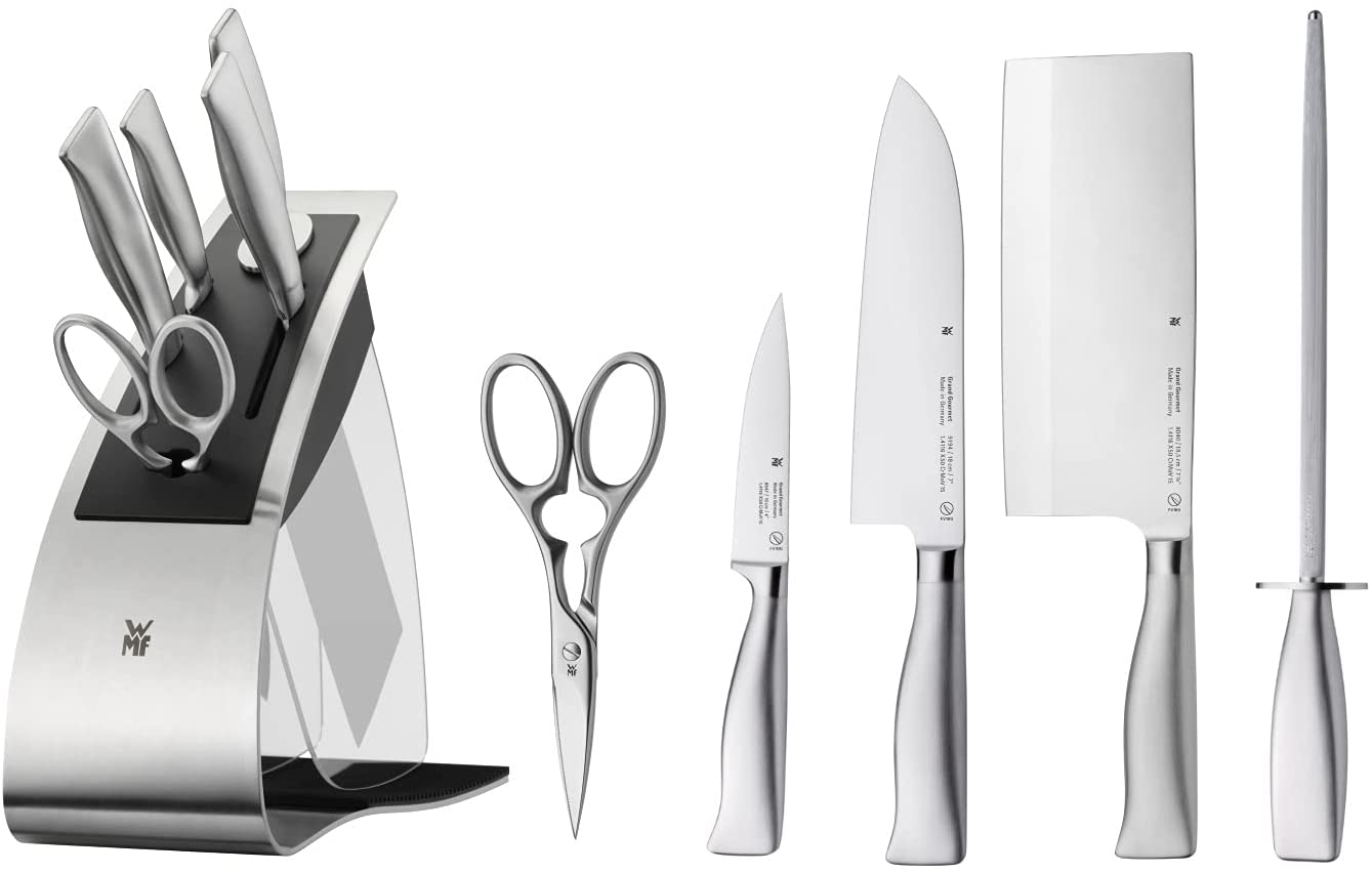 WMF Grand Gourmet knife block with knife set, 6 pieces, special blade steel, 3 knives forged, scissors, sharpening steel, stainless steel block, performance cut