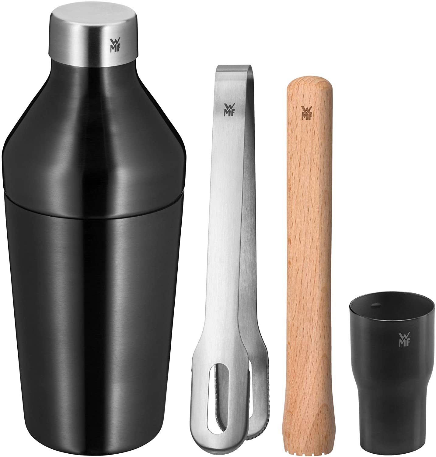 WMF Baric Cocktail Set 4 Pieces Bar Set with Stainless Steel Cocktail Shaker, Bar Measure, Ice Tongs, Wooden Pestle, Can Be Stored Inside, Gift Box