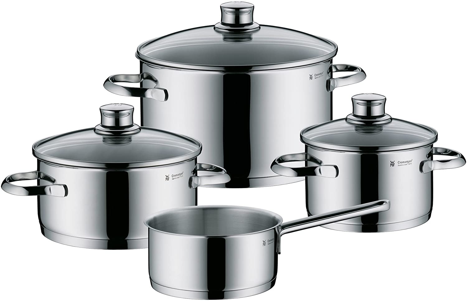 WMF Saphir 4-Piece Induction Saucepan Set with Glass Lid, Polished Cromargan Stainless Steel, Induction Pots Set Uncoated