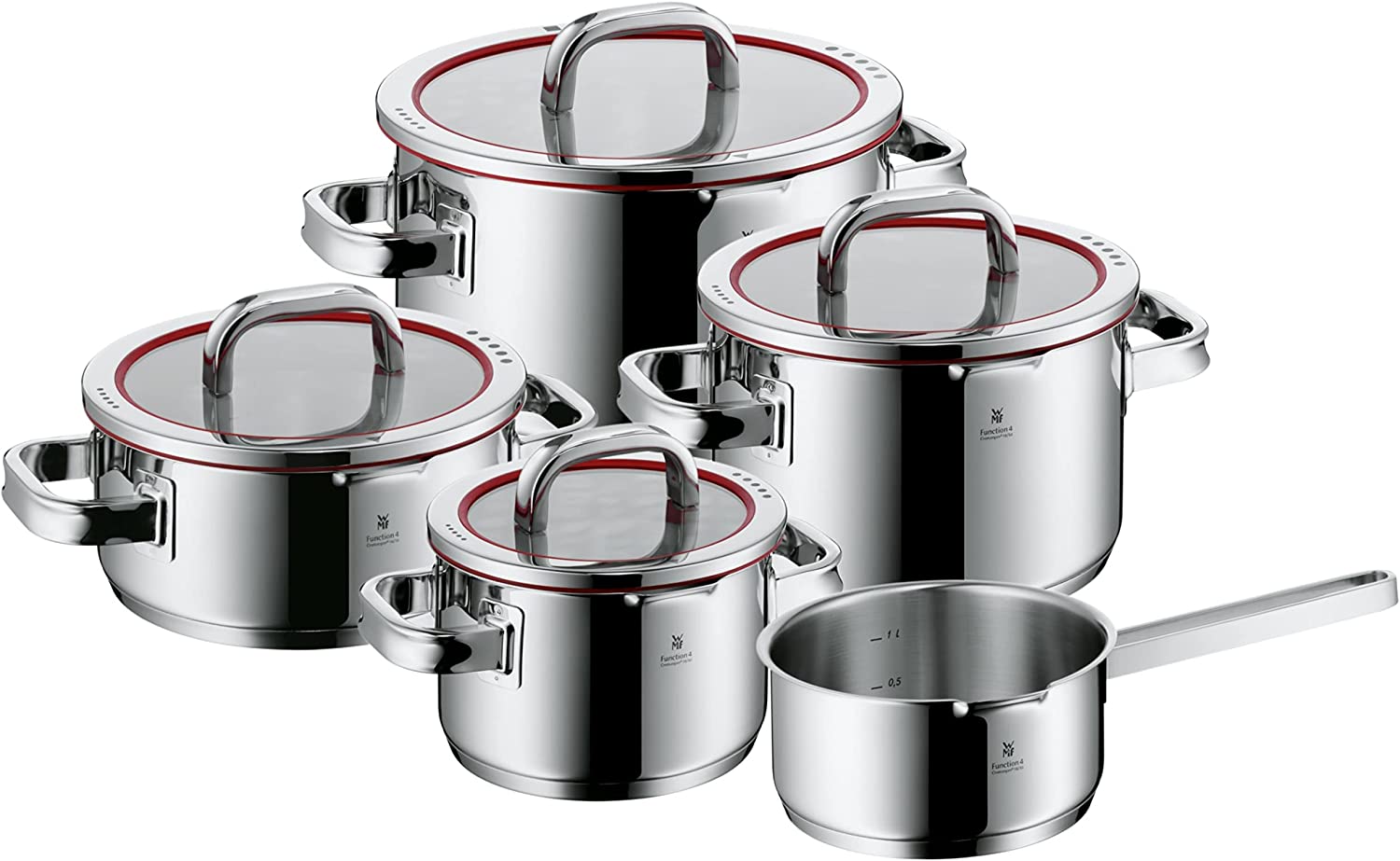 WMF Set of 4 Pots, Scale on Inside, Lid with 4 Pouring Functions, Glass Lid, Polished Cromargan Stainless Steel, Suitable for Induction Cookers, Dishwasher-Safe