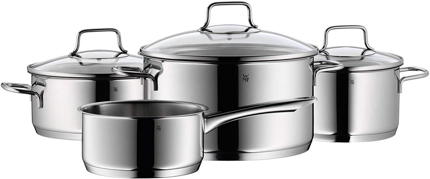 WMF Astoria Set of Pots, 5 Pieces, with Glass Lid, Cooking Pot, Saucepan, Cromargan Stainless Steel Polished, Suitable for Induction and Dishwasher Safe