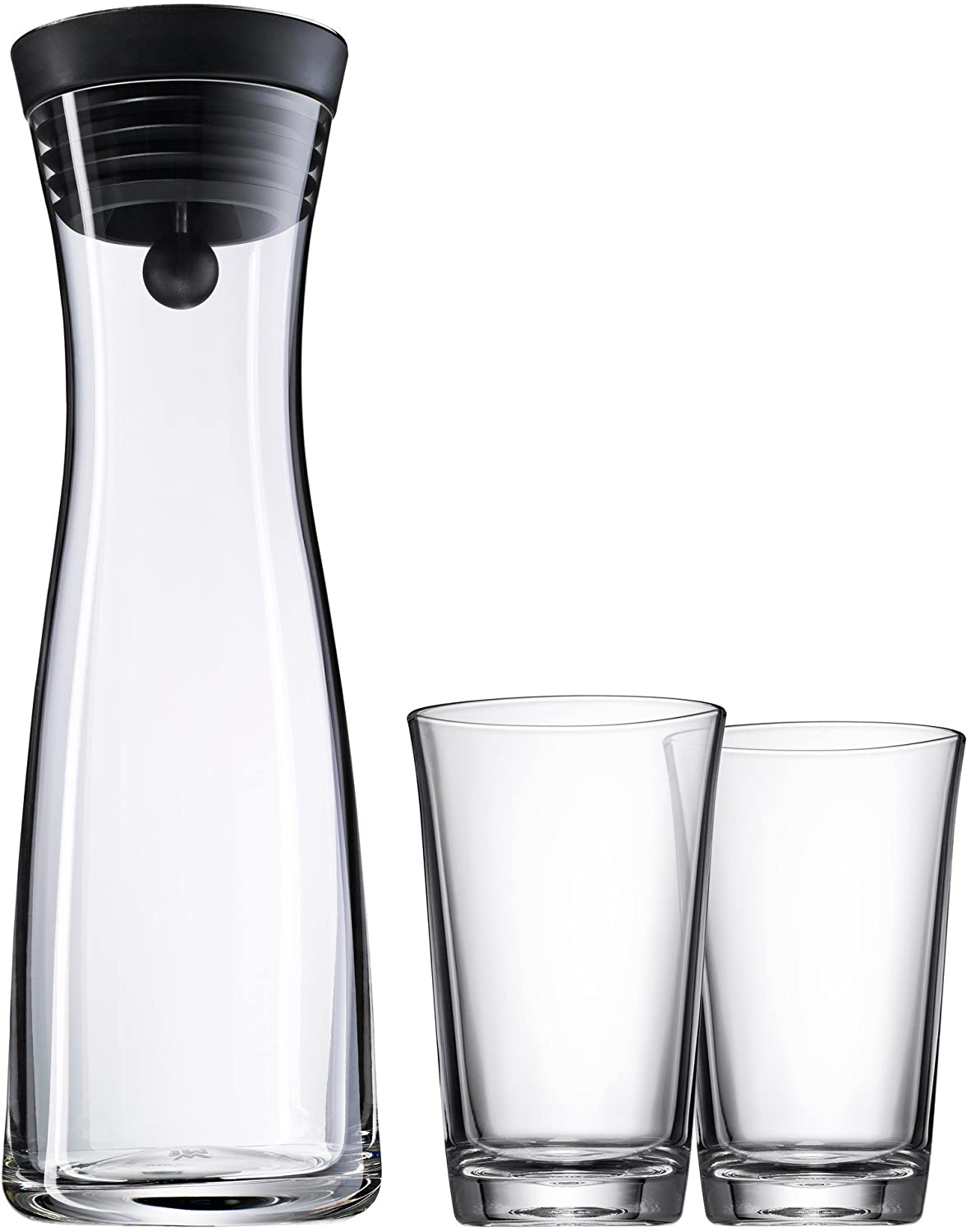 WMF Basic Water Carafe Set of 3, Carafe 1 Litre with 2 Water Glasses 250 ml, Glass Carafe with Lid, Silicone Lid, CloseUp Closure