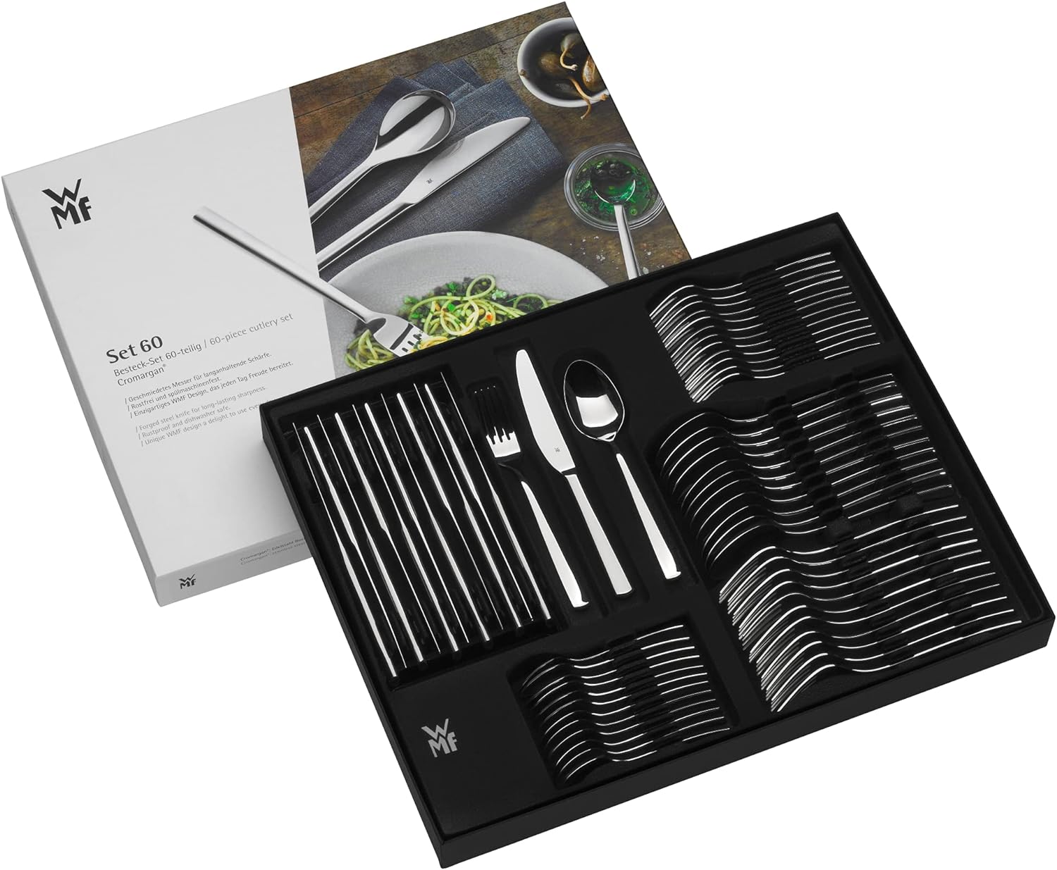 WMF Boston Cutlery Set 60 Pieces for 12 People Monobloc Knives Polished Cromargan Stainless Steel Dishwasher Safe