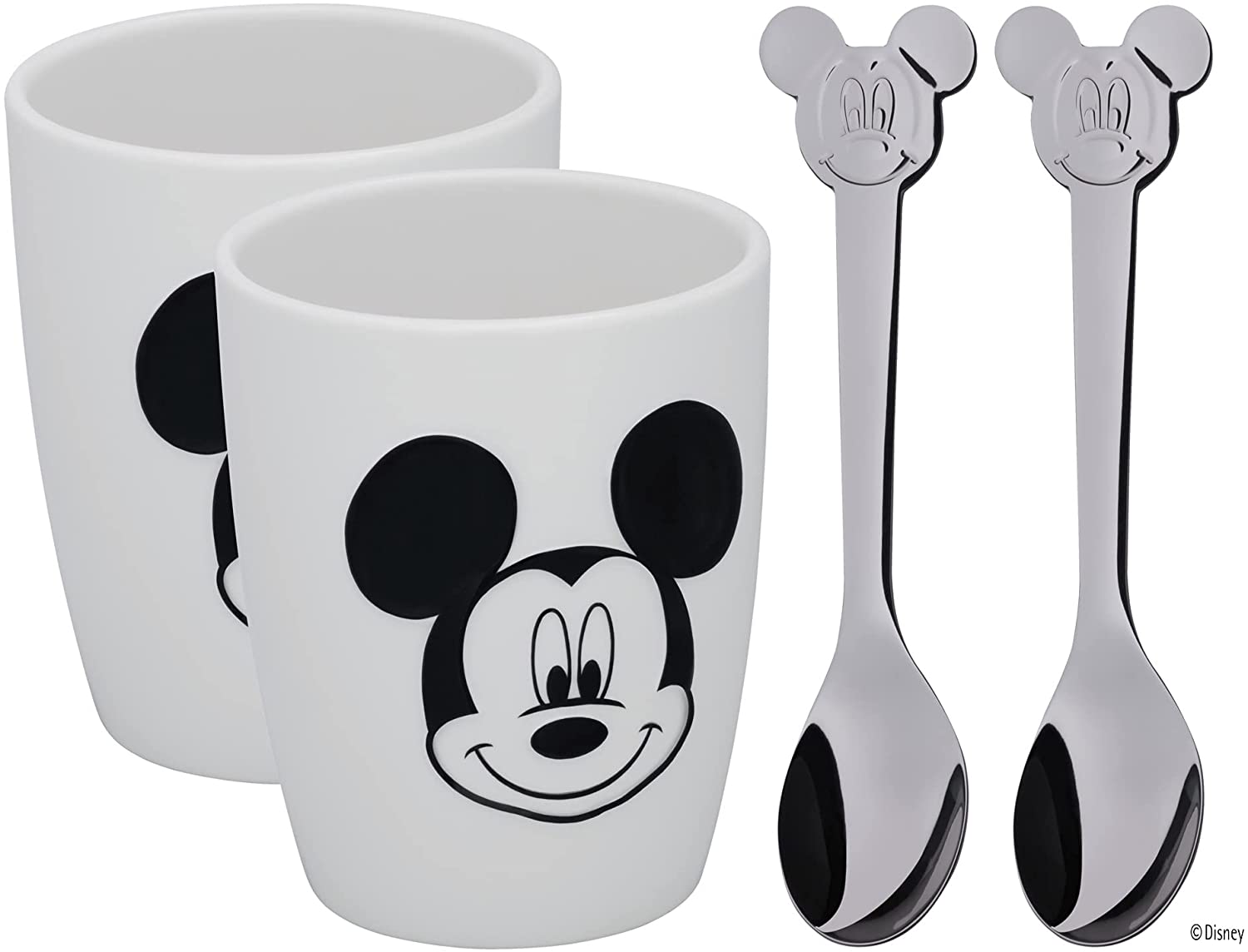 WMF Disney Mickey Mouse Mugs Set M, 2 Cups with Spoons, Porcelain, Polished Cromargan Stainless Steel, Dishwasher Safe