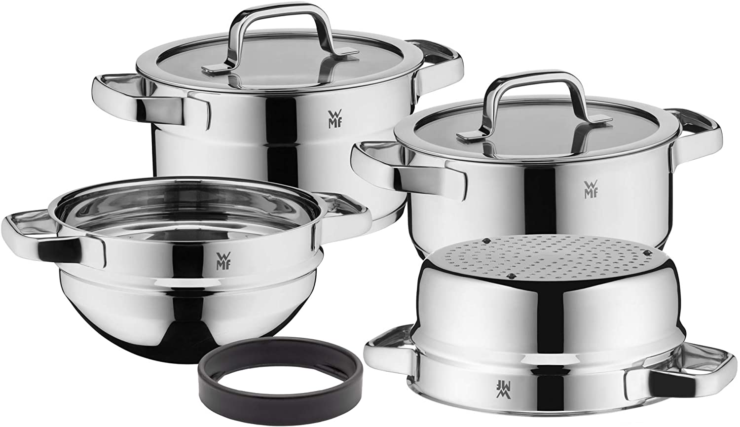 WMF Compact Cuisine 4-Piece Saucepan Set Cromargan Polished Stainless Steel Pots with Glass Lid, Induction Saucepans with Scale Inside, Stackable
