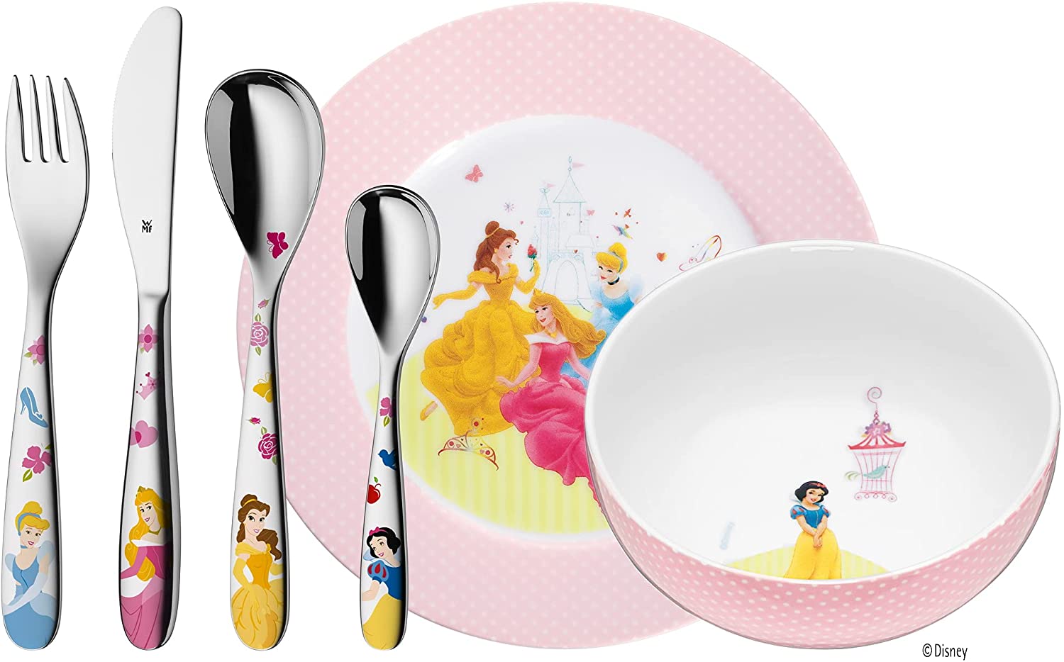 WMF Disney Princess Children\'s 6-Piece Crockery Set with Children\'s Cutlery Stainless Steel from 3 Years Polished Cromargan Dishwasher Safe