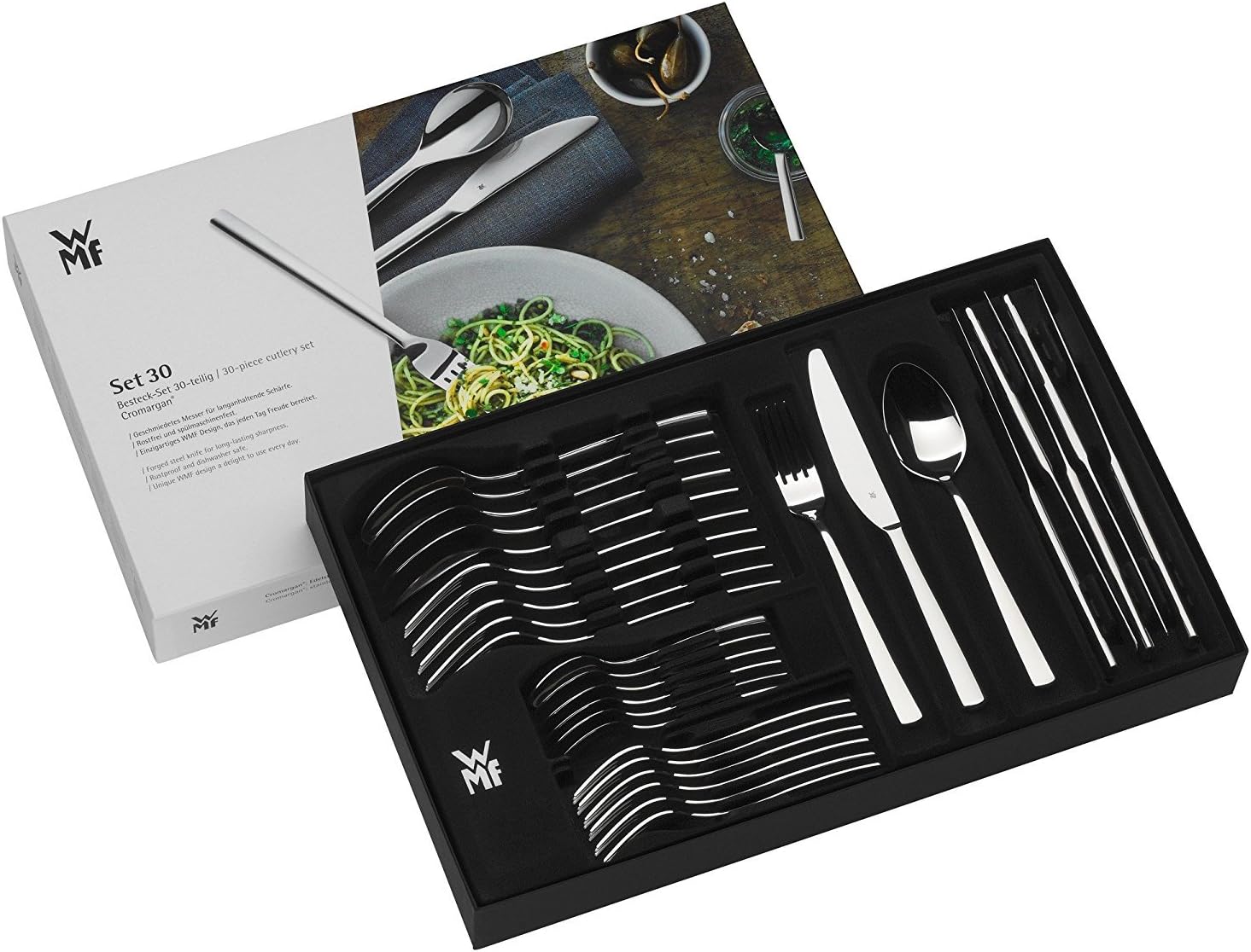 WMF Amsterdam Cutlery Set for 6 People, 30 Pieces, Monobloc Knife, Polished Cromargan Stainless Steel, Shiny, Dishwasher Safe