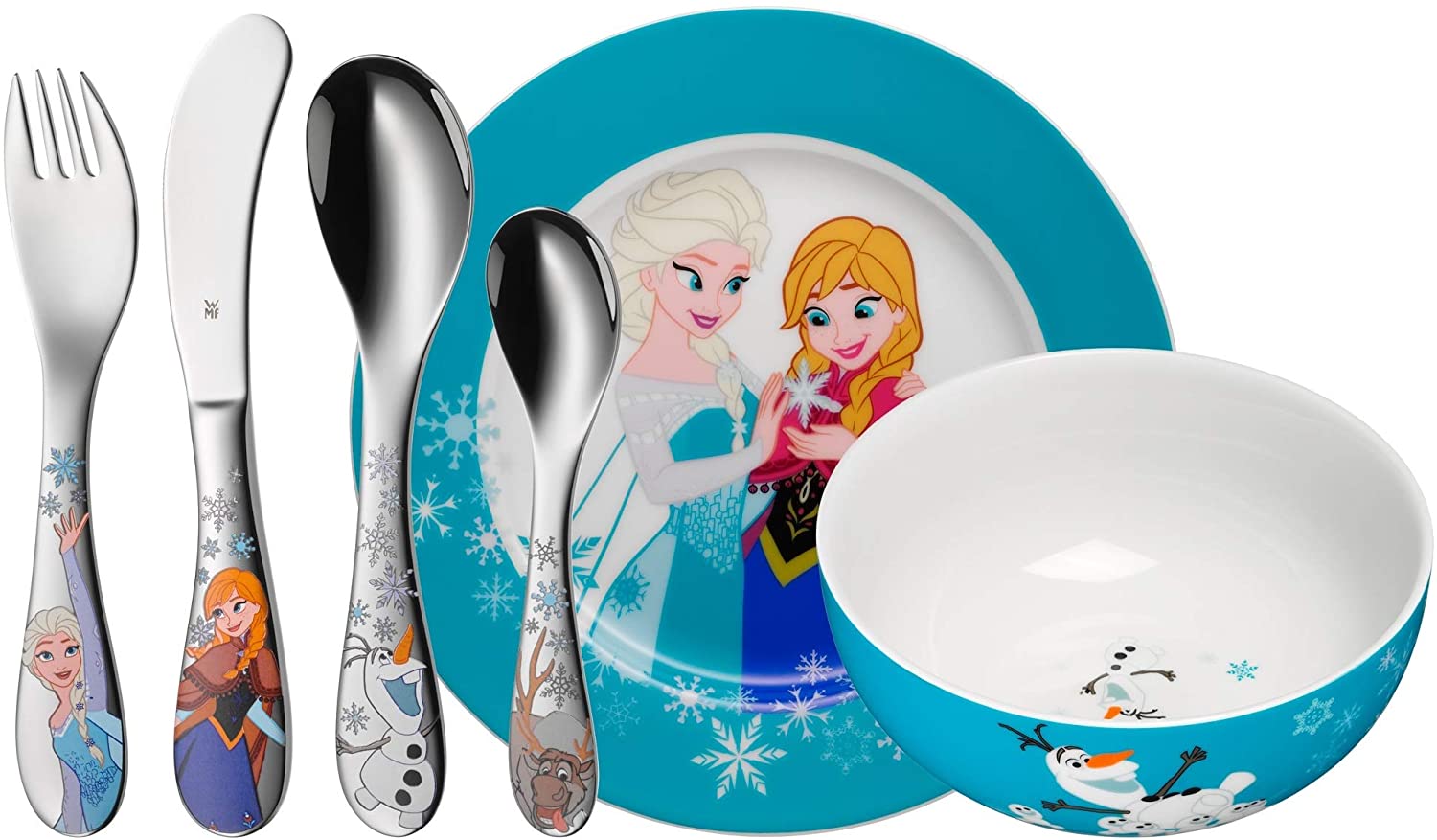 WMF Disney Frozen Children\'s 6-Piece Crockery Set, Frozen Elsa & Anna, Children\'s Crockery Set, Stainless Steel, from 3 Years, Polished Cromargan