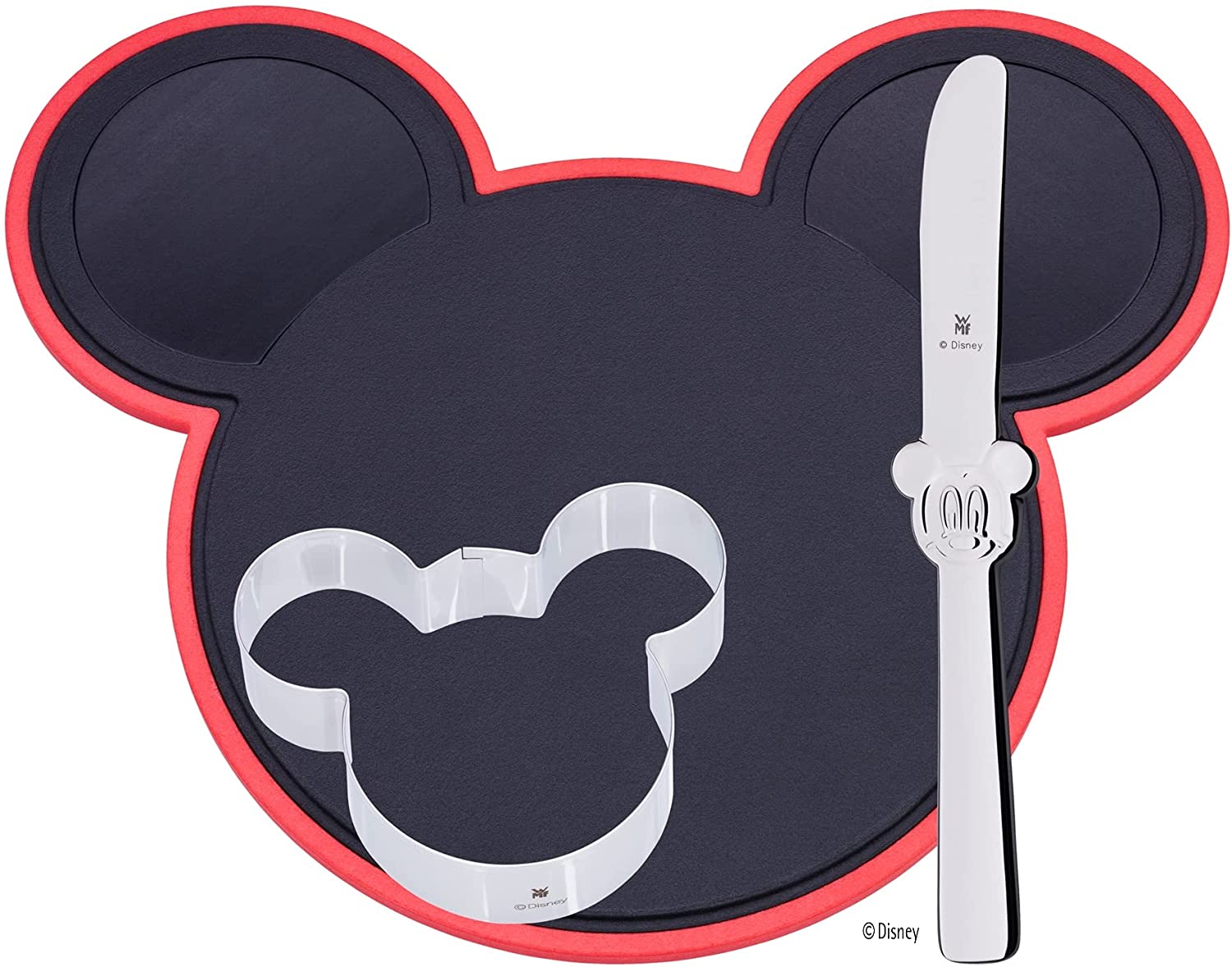 WMF Disney Mickey Mouse Chopping Board Set 3 Pieces, Chopping Board with Children\'s Knife & Cookie Cutter, Plastic, Cromargan Polished Stainless Steel, Dishwasher Safe