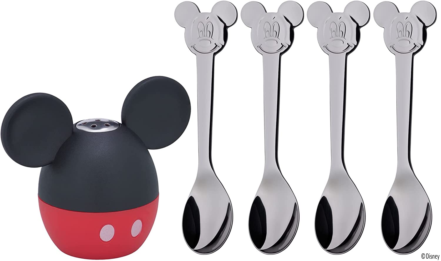 WMF Disney Mickey Mouse Shaker Set 5 Pieces Salt Shaker with 4 Spoons Polished Cromargan Stainless Steel Dishwasher Safe