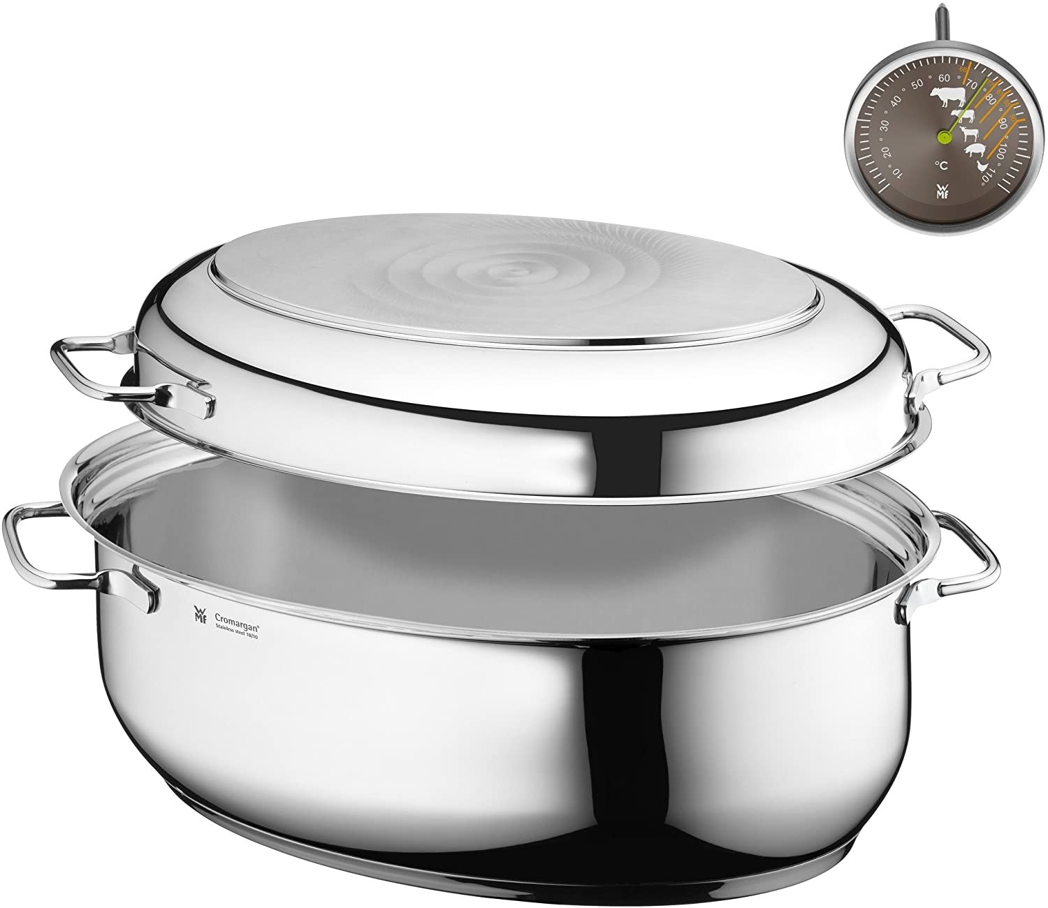 WMF roasting pan, oval, 41x28x18,5 cm, 8,5 l, induction lid, incl. Roasting thermometer, Cromargan, stainless steel induction, dishwasher safe, ovenproof