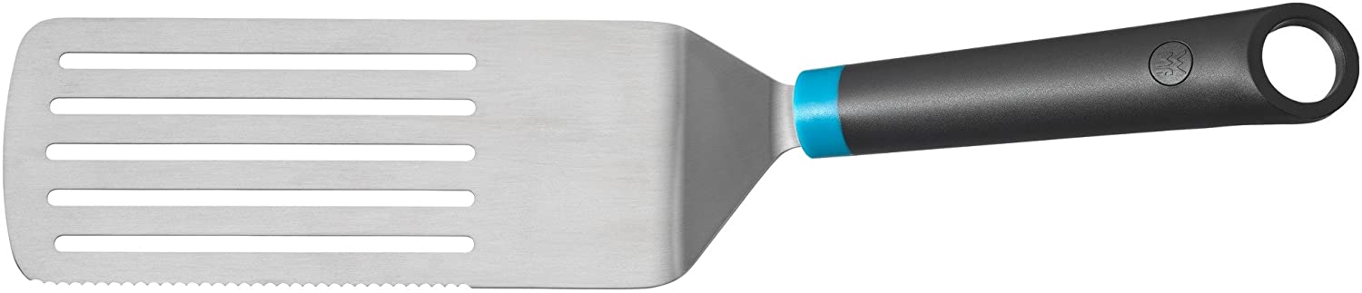 WMF Hello FUNctionals Spatula 12.5\" Cromargan Stainless Steel Plastic Handle with Serrated Side Extra Large Reversible Surface Ideal for Uncoated Pans