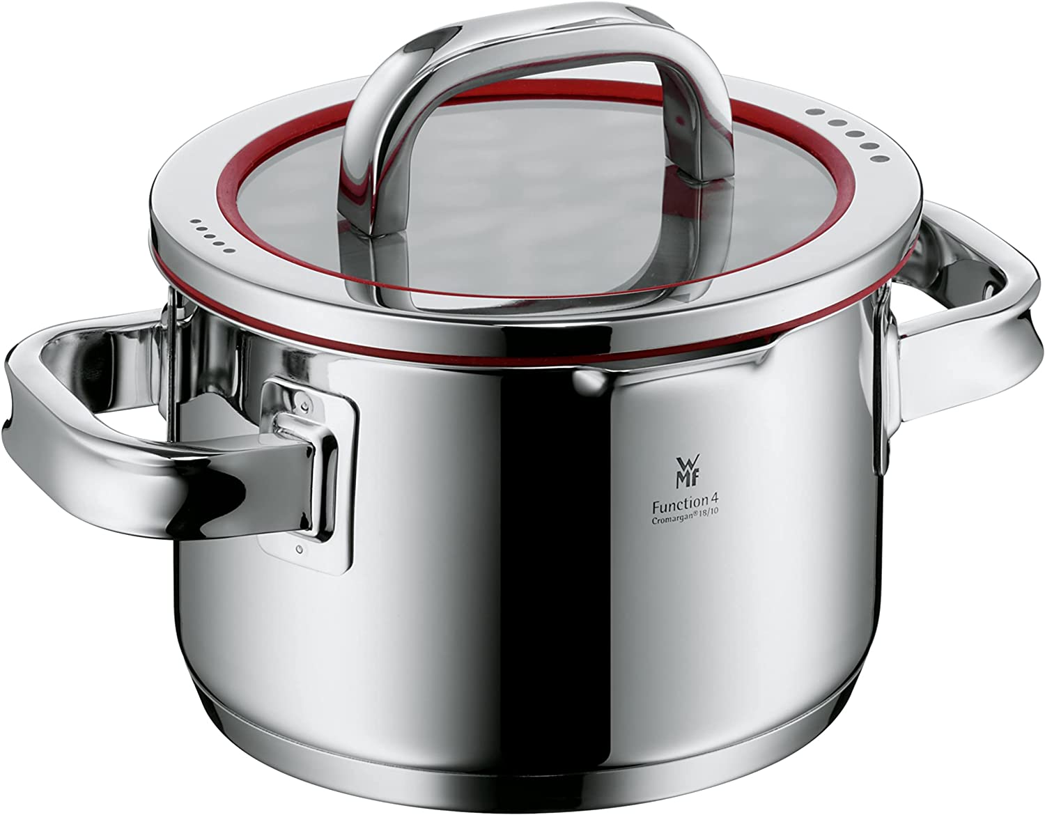 WMF Function 4 high pot 16cm, glass lid, high casserole 1.9l, Cromargan polished stainless steel, 4 pouring functions, inside scale, induction pot, red