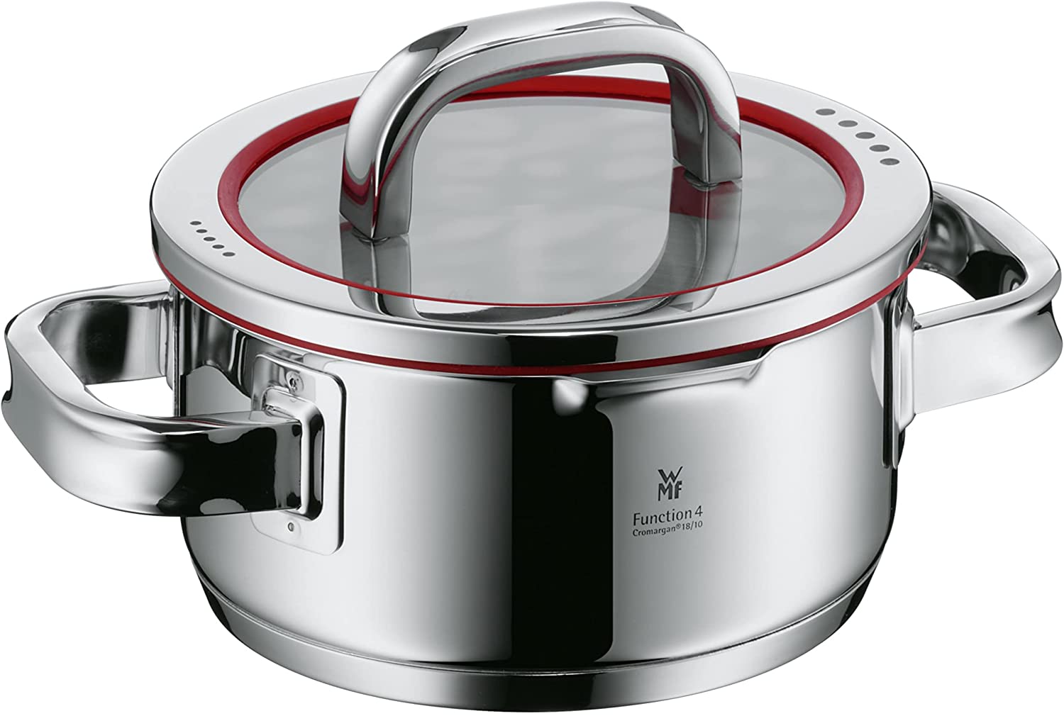 WMF cookware Ø 16 cm approx. 1,4l Function 4 Inside scaling lid - pour off or decant liquids without spilling to keep your dishes and cooker clean. Hollow side handles glass lid Cromargan stainless steel brushed suitable for all stove tops including induction dishwasher-safe