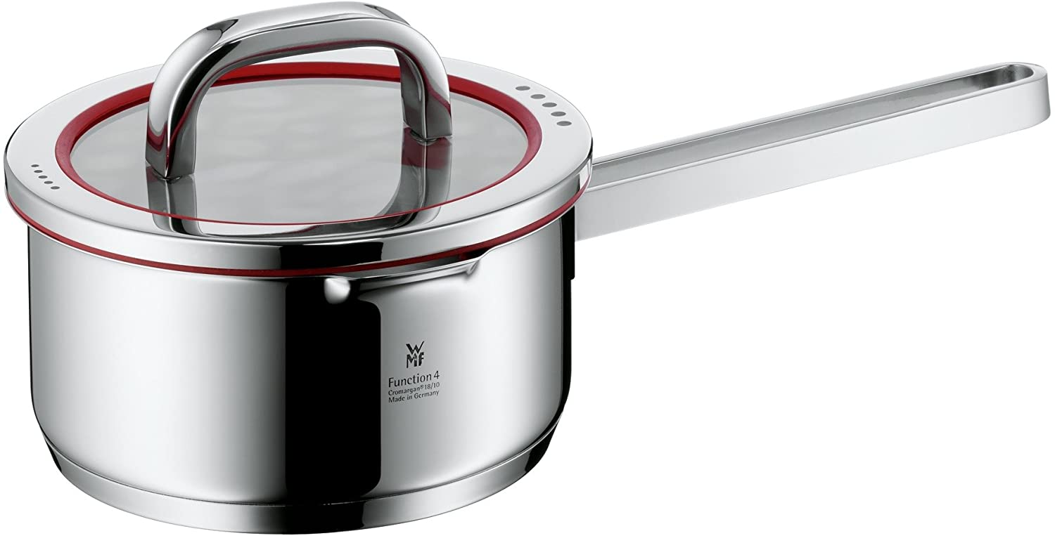 WMF sauce pan Ø 16 cm approx. 1,4l Function 4 Inside scaling lid - pour off or decant liquids without spilling to keep your dishes and cooker clean. Hollow side handles glass lid Cromargan stainless steel brushed suitable for all stove tops including induction dishwasher-safe
