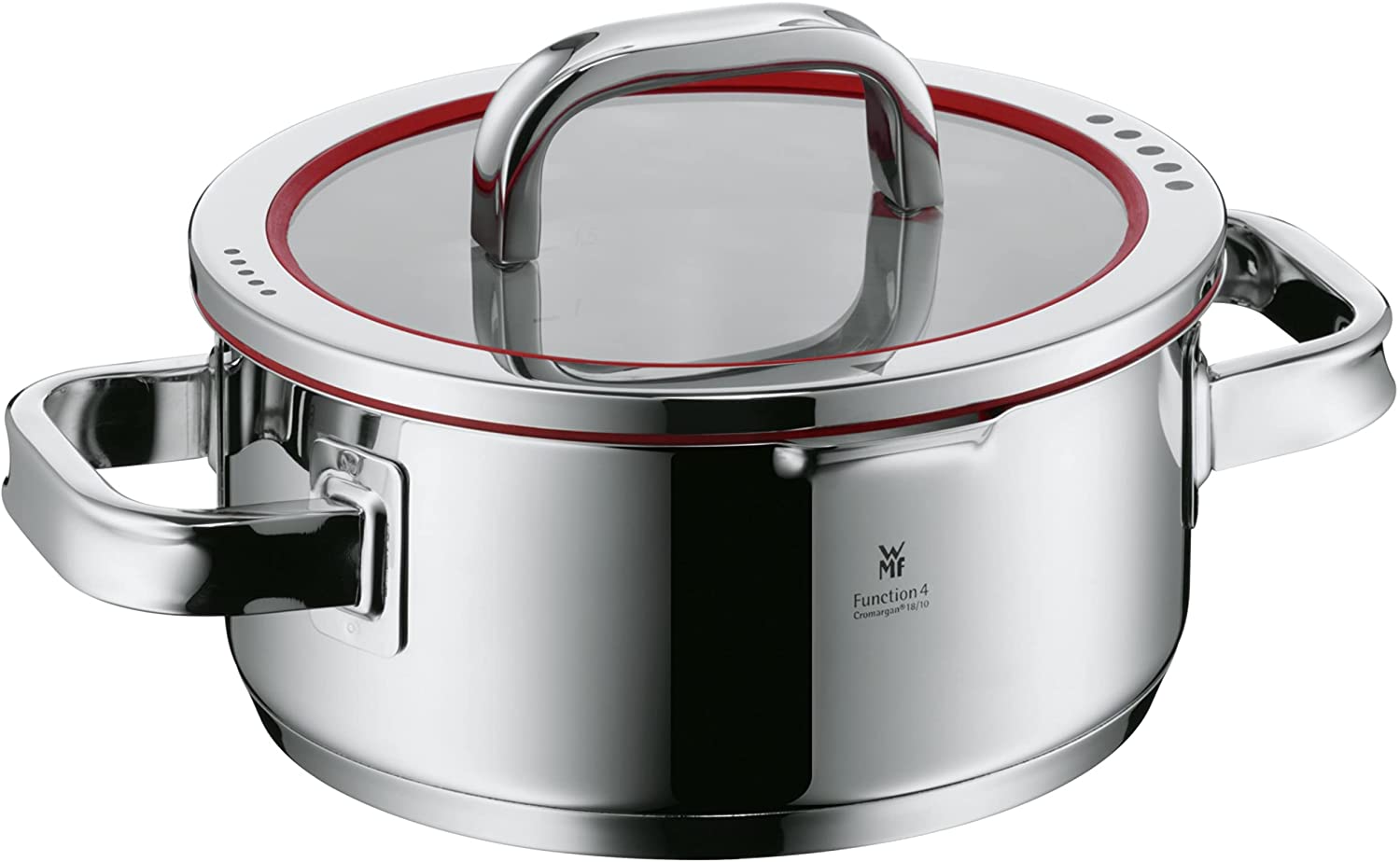 WMF cookware Ø 20 cm approx. 2,5l Function 4 Inside scaling lid - pour off or decant liquids without spilling to keep your dishes and cooker clean. Hollow side handles glass lid Cromargan stainless steel brushed suitable for all stove tops including induction dishwasher-safe