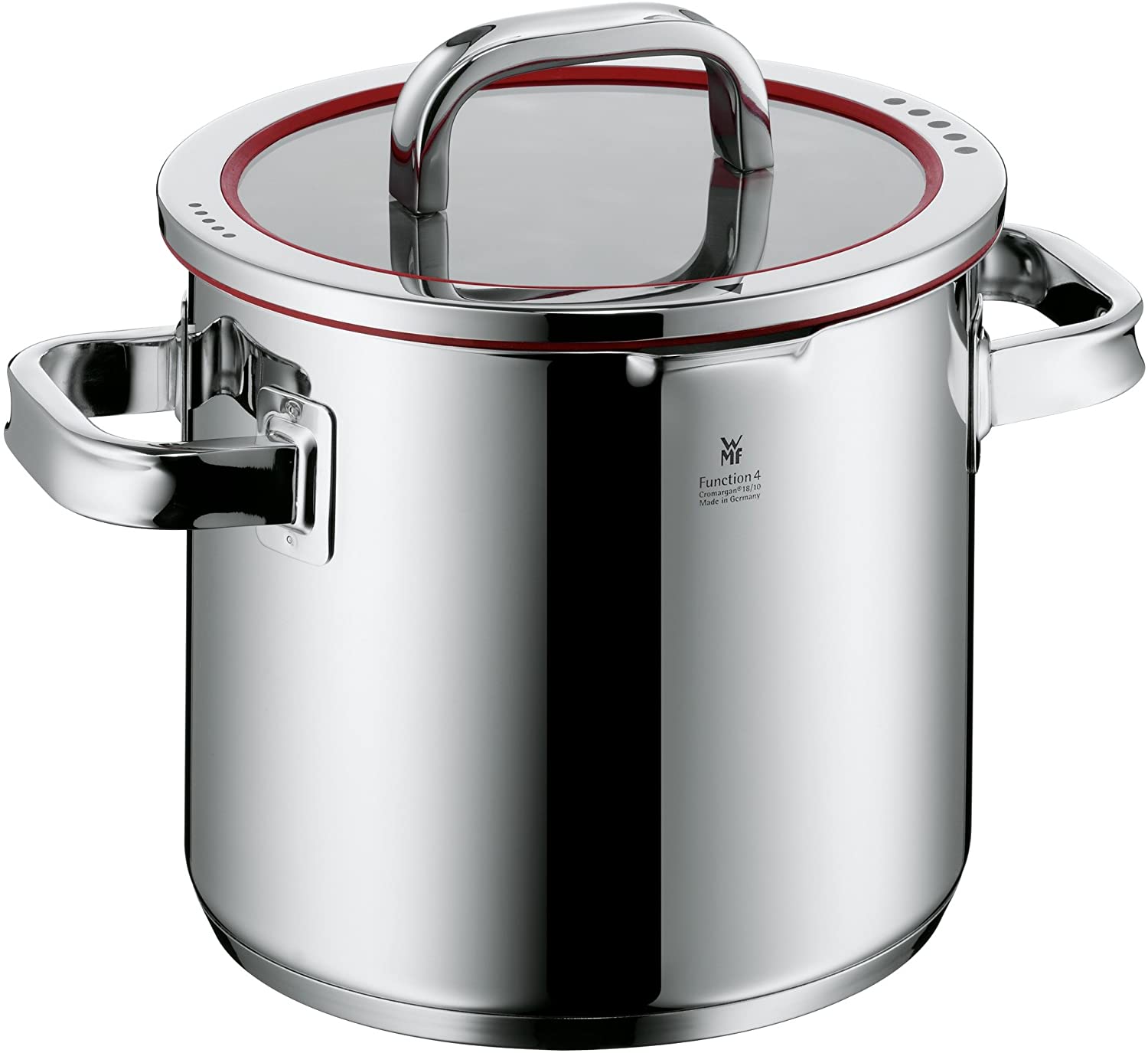 WMF Stock pot Ø 20 cm approx. 5,3l Function 4 Inside scaling lid - pour off or decant liquids without spilling to keep your dishes and cooker clean. Hollow side handles glass lid Cromargan stainless steel brushed suitable for all stove tops including induction dishwasher-safe