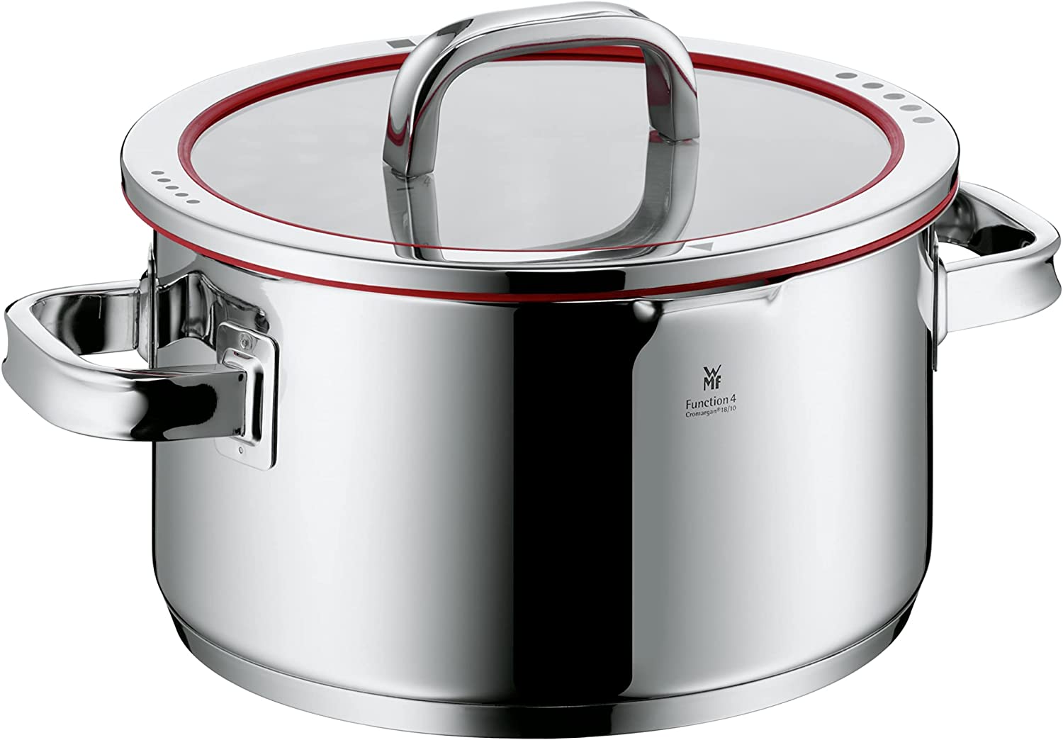 WMF cookware Ø 24 cm approx. 5,7l Function 4 Inside scaling lid - pour off or decant liquids without spilling to keep your dishes and cooker clean. Hollow side handles glass lid Cromargan stainless steel brushed suitable for all stove tops including induction dishwasher-safe