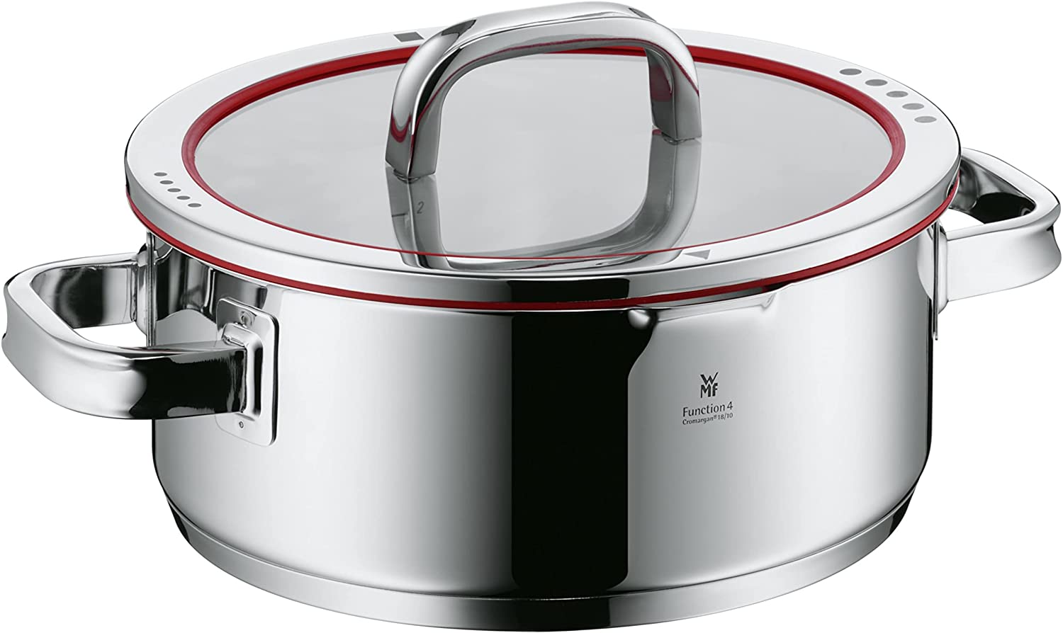 WMF cookware Ø 24 cm approx. 4,1l Function 4 Inside scaling lid - pour off or decant liquids without spilling to keep your dishes and cooker clean. Hollow side handles glass lid Cromargan stainless steel brushed suitable for all stove tops including induction dishwasher-safe