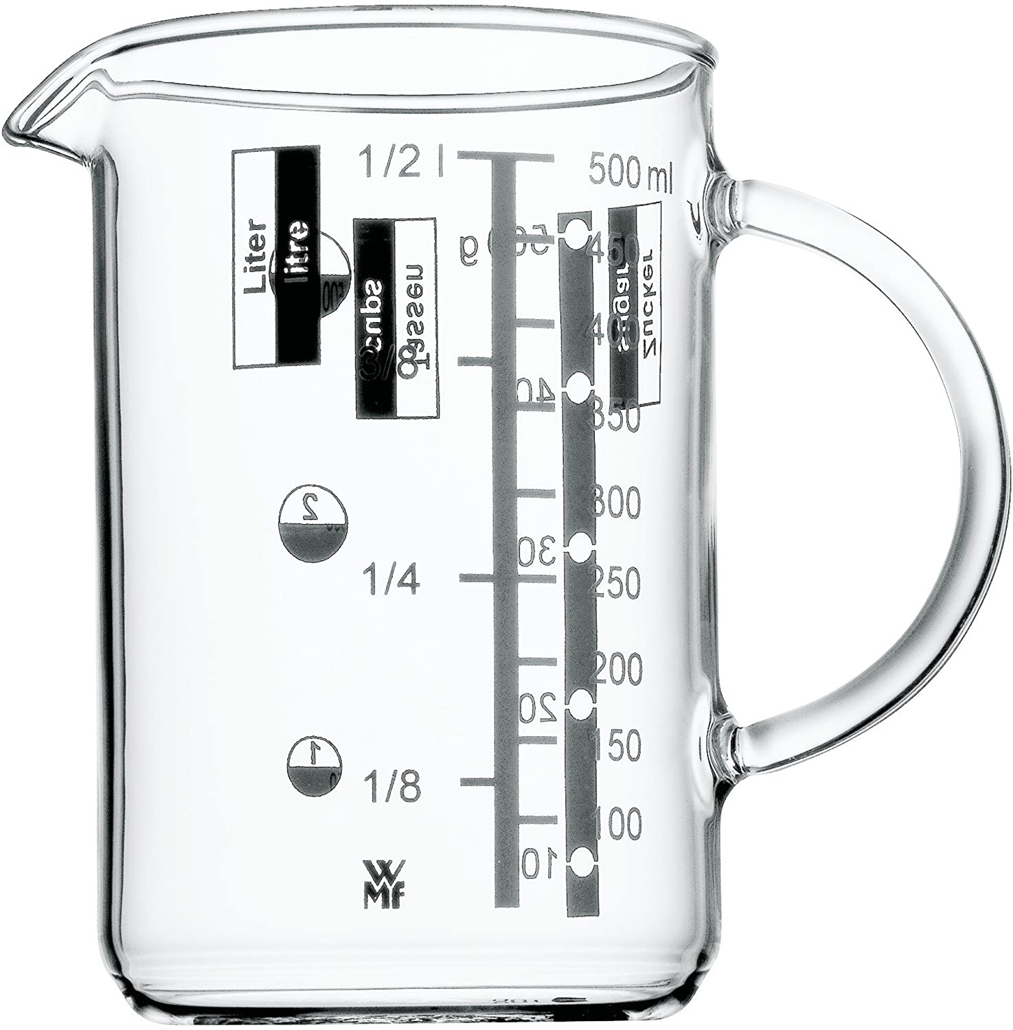 WMF Gourmet Glass Measuring Cup, 0.5 Litre, Heat Resistant Glass, Scale for Litres, Millilitres, Cups and Grams