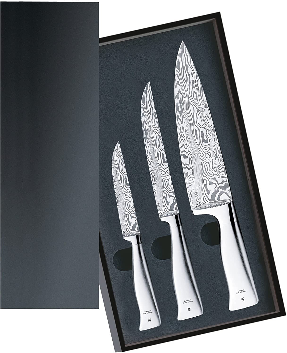 WMF Grand Gourmet Damascus Knife Set of 3 Pieces Damascus Steel 120-Ply Stainless Steel Handle Performance Cut in Wooden Case, Made in Germany