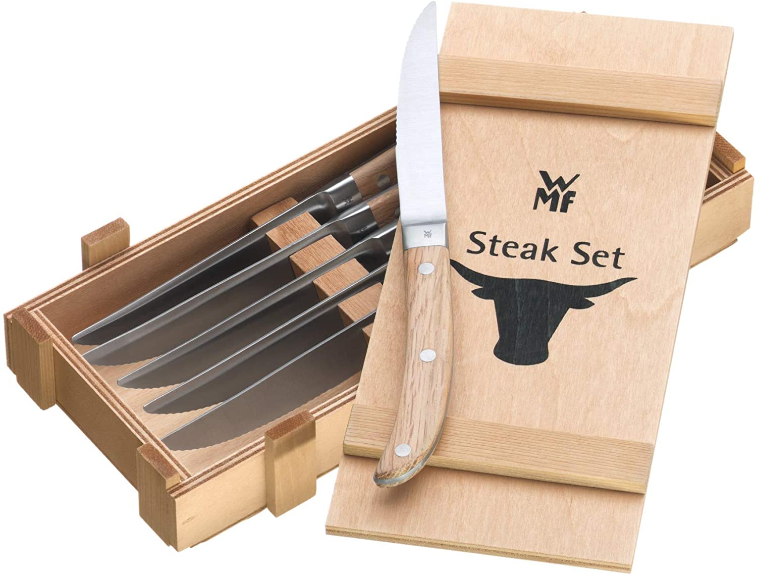 WMF steak knife set 6-piece Ranch in noble wooden box special blade steel forged matt oak oiled