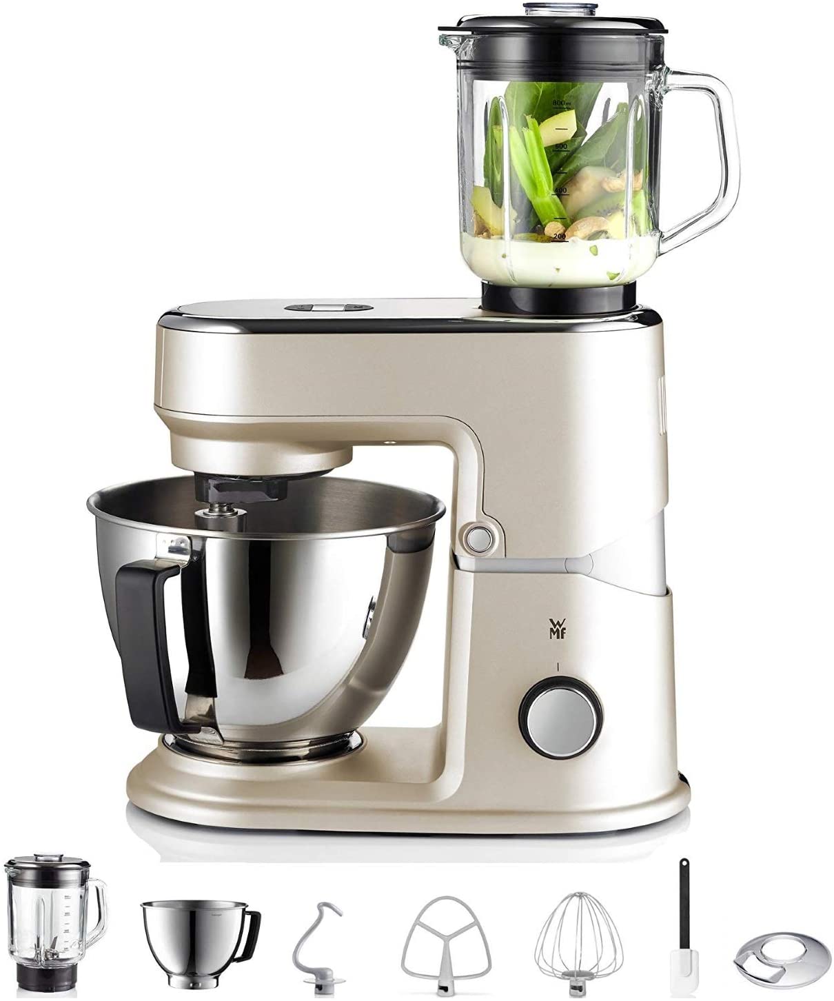 WMF Küchenminis food processor One for All (430 watts, Cromargan mixing bowl 3 L, planetary stirrer, timer function, including glass mixer attachment for smoothies and Co.) powder rose