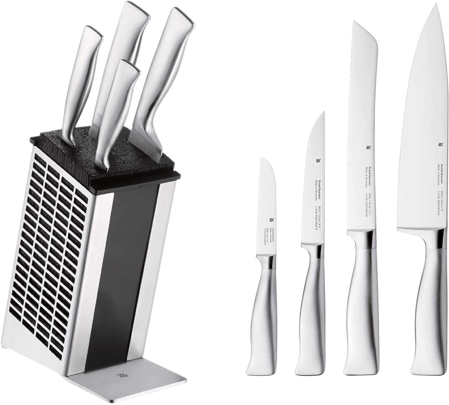 WMF Grand Gourmet 5-Piece Knife Block with Knife Set, Made in Germany, 4 Forged Knives, Stainless Steel Block, Plastic Bristle Insert, Performance Cut
